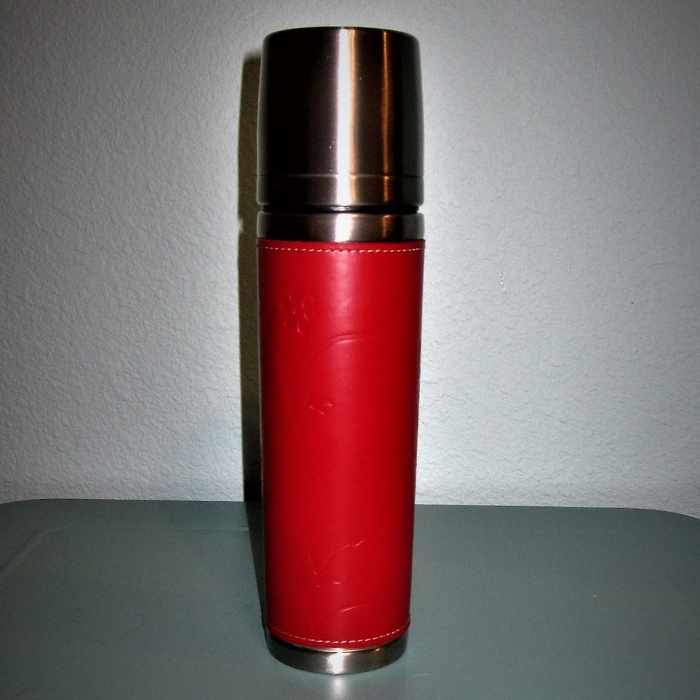 Rare Starbucks 12oz Bullet Thermos With Red Etched Floral Leather Sleeve